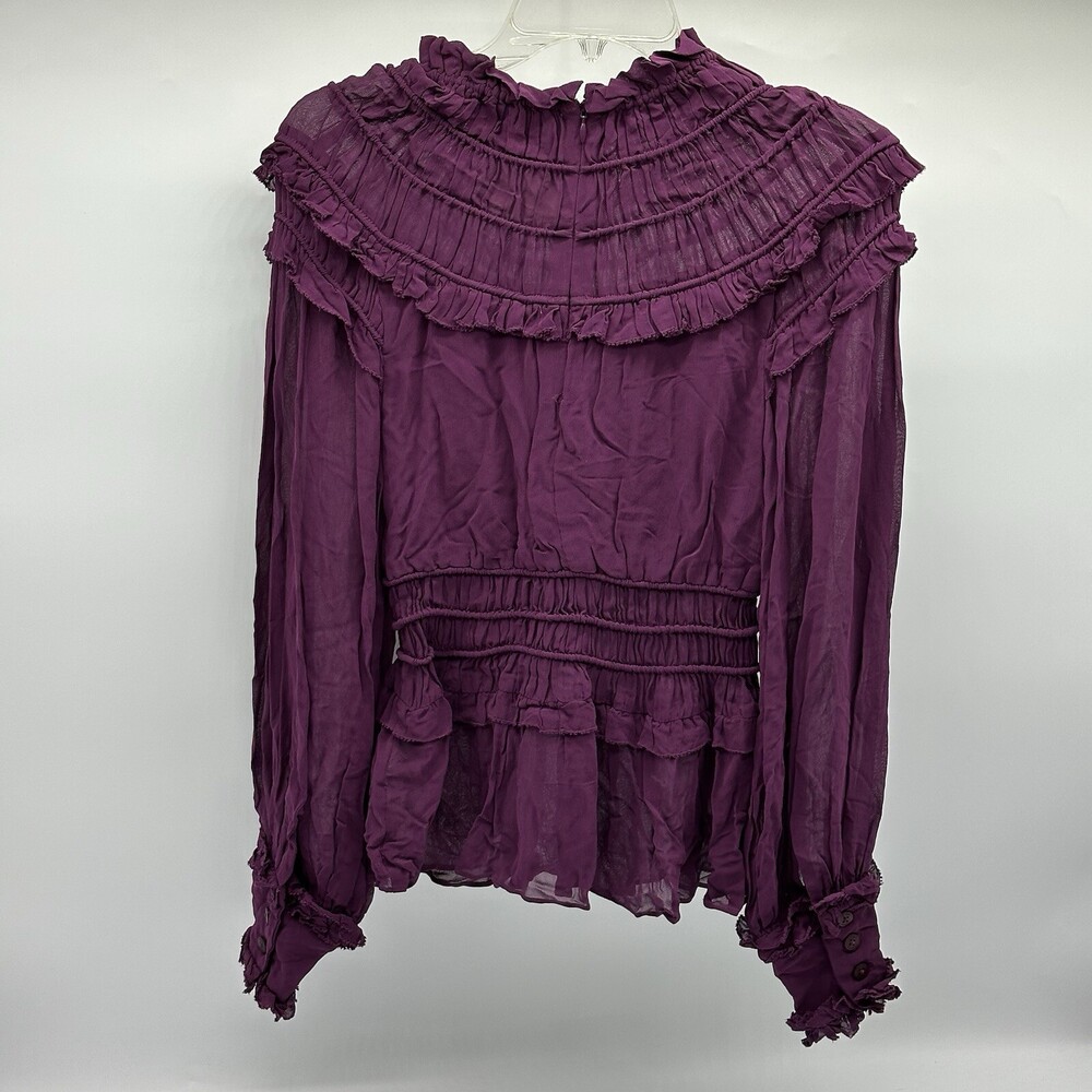 Farm Rio Size XXS Purple Smocked Long Sleeve Mock Neck Ruffled Peplum Top NWOT - Picture 8 of 13